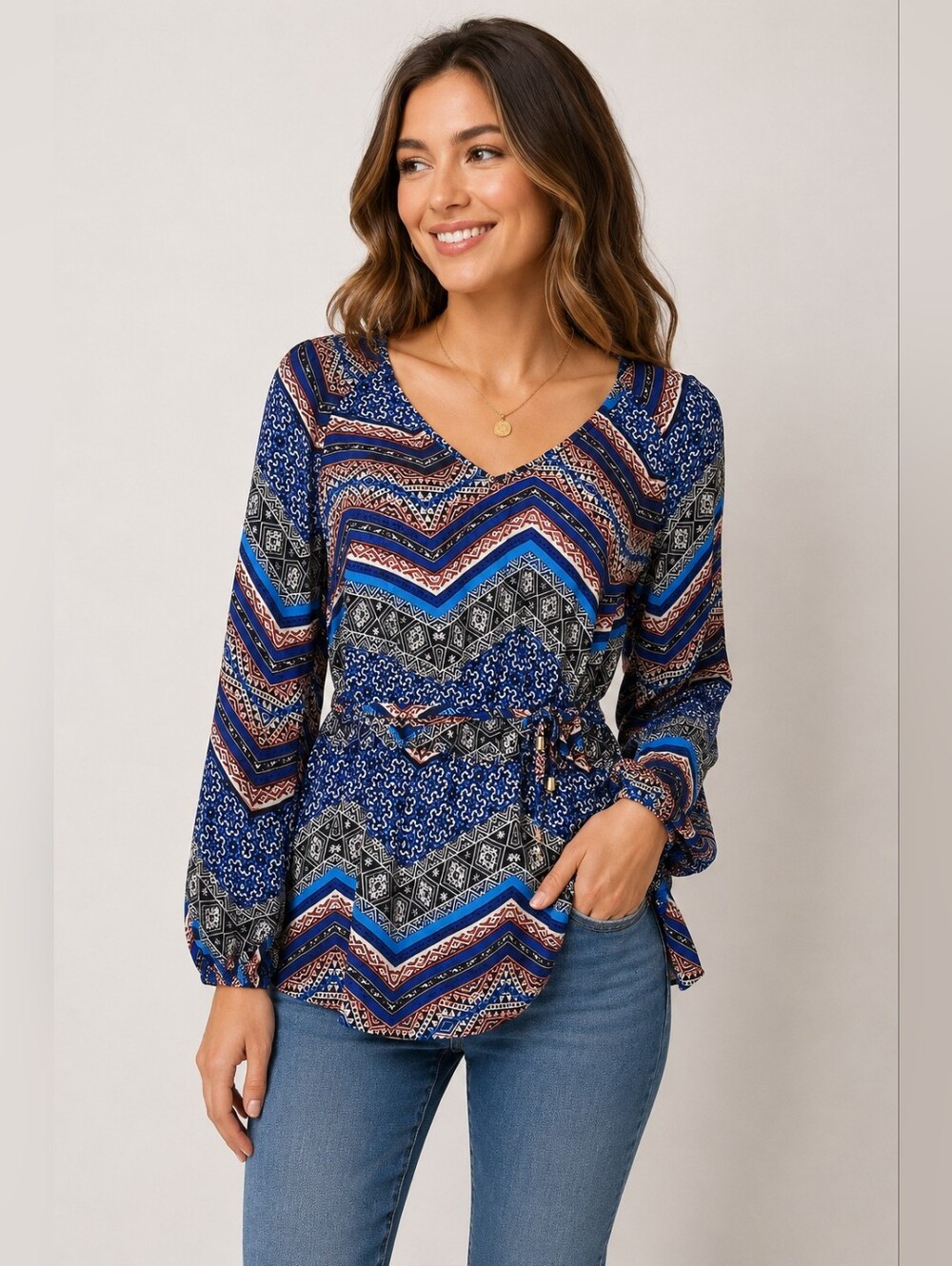 New Look Women's Boho Geometric Aztec Print Long Sleeve Tie Waist Top Blouse M